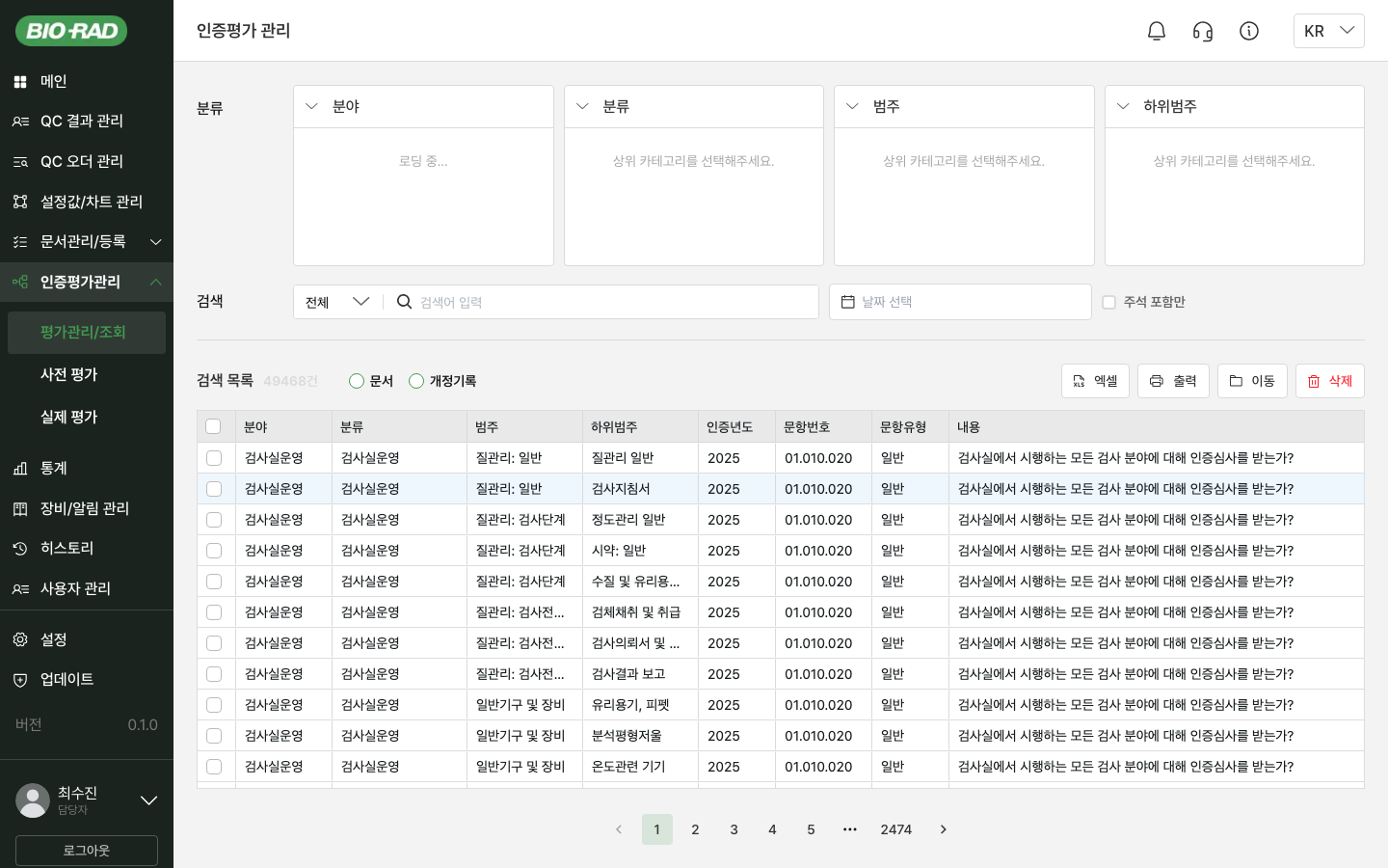 인증평가 관리 페이지 — 평가 항목별 조회, 사전/실제 평가 워크플로우, 평가 결과 추적 기능